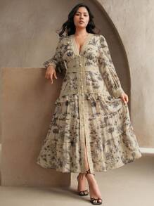 Anewsta Holiday, Casual, Festival, Vacation Elegant French Lace & Pearl Decor Flowy Long Sleeve Dress For Women - Apricot - View 2