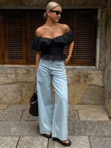 Strévra Top corto elegante de hombros descubiertos de unicolor, camisa de verano, top con volantes para salir - Negro - Ver 5