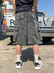 SHEIN Pantalones cortos vaqueros anchos y cómodos con bolsillos de carga y diseño de dobladillo para niños y niños preadolescentes, ropa informal de moda Y2k, ropa de verano y primavera para niños - Negro - Ver 2