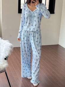 DAZY 蕾丝拼接蝴蝶结印花褶皱波浪边睡衣套装，甜美，秋冬服装 - 淺藍色 - 查看 4