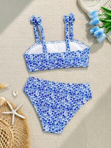SHEIN 女童复古蓝白花卉印花比基尼套装，可爱蝴蝶结拼接沙滩泳衣适合夏季海滩度假 - 寶藍色 - 查看 2
