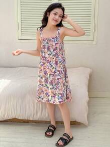 DAZY Tween Girl Floral Print Ruffle Hem Cami Pajama Dress For Summer Home Wear,Back To School Clothes - Pink - View 3
