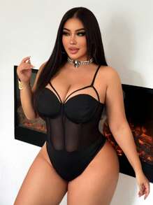 SHEIN SXY Camiseta de tirantes de mujer talla grande de malla negra con parches, adecuada para la calle, casual, sexy, viajes diarios, compras, citas; fresca y cómoda de llevar, fácil de combinar y estiliza la figura, resalta la silueta