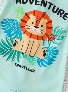 SHEIN Leap Crew 1pc Young Boys' Casual School Style Comfortable & Practical Versatile Soft Cartoon Tiger Animal Pattern Swimsuit, Suitable For Vacation, Spring/Summer - Green - View 5