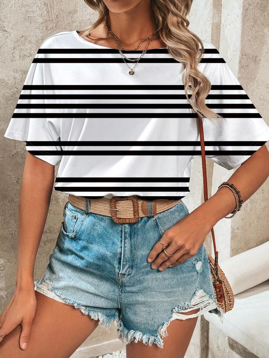 SHEIN LUNE Women's Striped Print Bodysuit, Suitable For Summer And Vacation