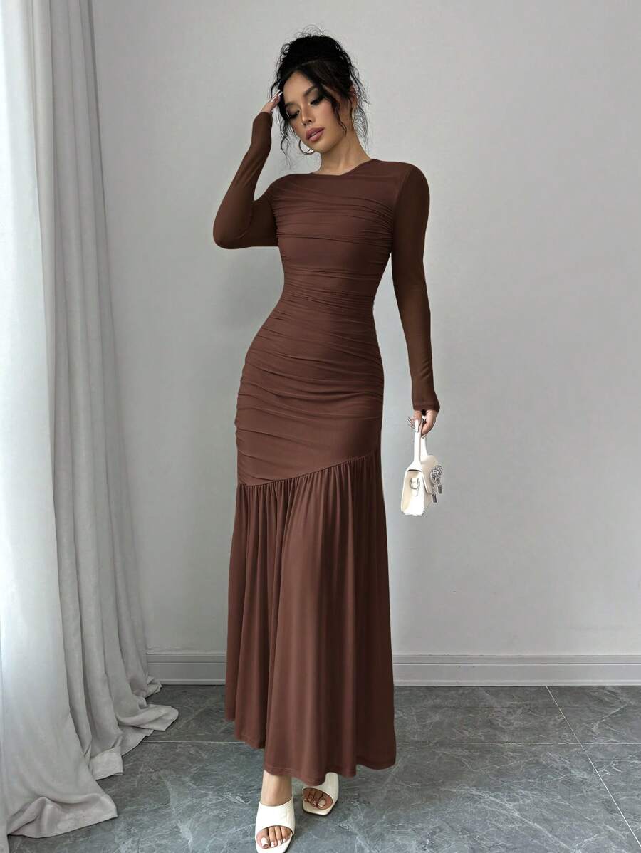 Firerie 女士网眼长袖圆领连衣裙，适合秋季服装、返校服装、教师服装 - 巧克力棕 - 查看 1