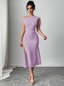 Firerie Festival Spring/Summer Romantic Date Elegant Women's Asymmetric Drawstring Neck Ruched Cold Shoulder Cinched Waist High Slit Pink Mesh Maxi Dress - Violet Purple - View 1
