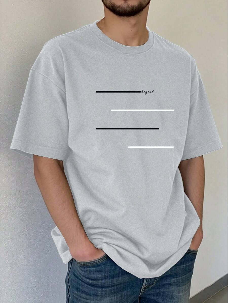 Manfinity Homme Plus Size Men's Casual Striped Print Short Sleeve T-Shirt, Summer - Light Grey - View 1