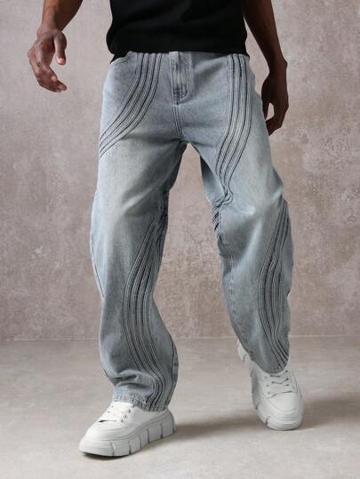 SUMWON Designer Seamed Loose Fit Jeans With Wave Pattern Stitching Streetwear High Fashion Denim Pants Urban Modern Casual Bottoms