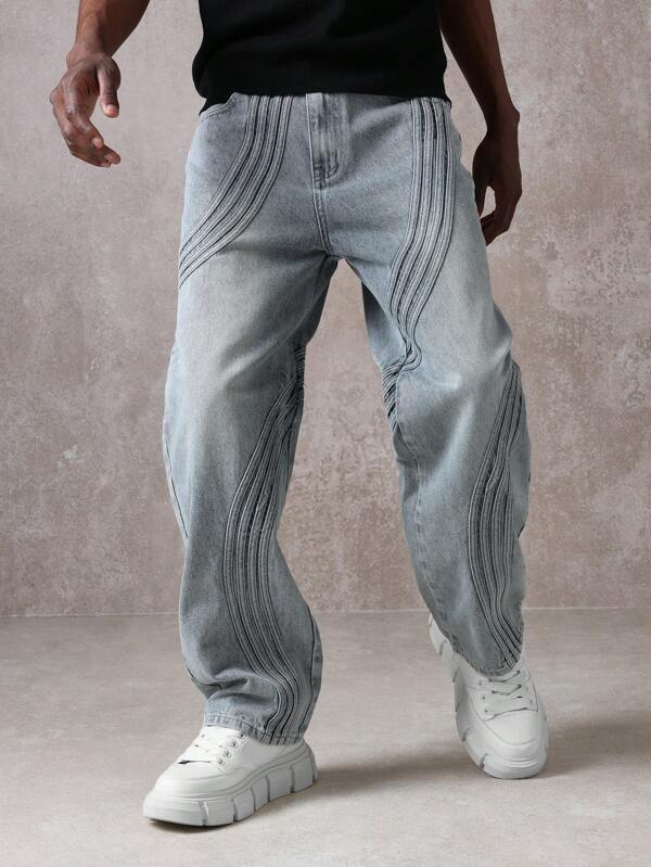 SUMWON Jeans de ajuste holgado con costura con diseño de onda, pantalones vaqueros de alta moda y estilo urbano moderno y casual