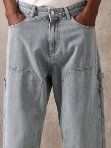 SUMWON Pantalones vaqueros de carpintero con bolsillos múltiples, ropa de trabajo de utilidad, pantalones vaqueros de pierna ancha y relajada, pantalones de trabajo de construcción de otoño e invierno, ropa de calle