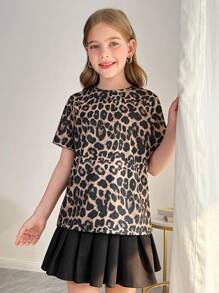 SHEIN Tween Girl Leopard Print Relaxed Round Neck Short Sleeve T-Shirt - Brown - View 6