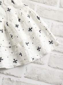 Genkimix Kids Young Girls' Bow Print Round Neck Short Sleeve T-Shirt And Sweet Mini Skirt Set, Fresh Summer Holiday, Beach, Outing Summer Holiday - Black - View 4