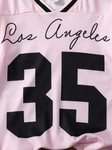 Girls' Oversized V-Neck T-Shirt With Contrast Color And Number Graphic, Sporty Street Style, Matching Mom Tee,Holiday,Summer,Travel