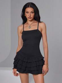 Roylia 3 Layers Ruffle Hem Backless Spaghetti Strap Black Belted Solid Pleated Bust Ruffle Hem Jumpsuit - Black - View 5