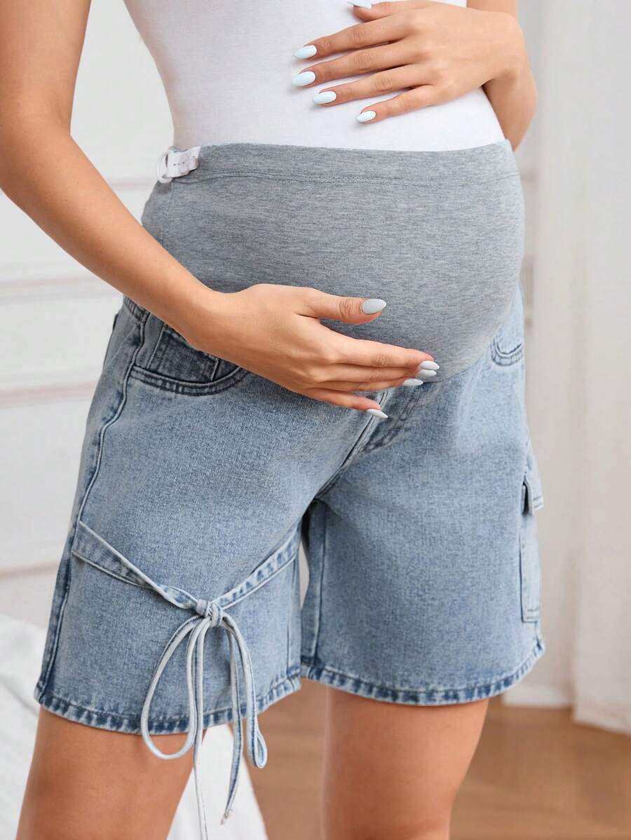 SHEIN Maternity Casual Washed Denim Cargo Shorts  Summer Outfits For Women Festival Outfits Bermude Shorts - Light Wash - View 1