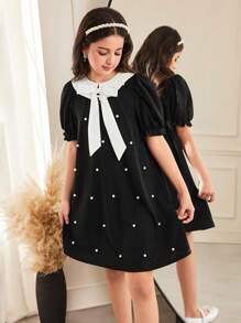 SHEIN Tween Girl Casual Peter Pan Collar Colorblock Black & White Beaded Bow Decor Ruffle Hem Short Sleeve A-Line Dress, Spring/Summer - Black - View 6
