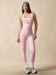 VARSIVA Contrast Color Trim Hollow Out Neckline Seamless Jumpsuit Sports Pants - Pink - View 7