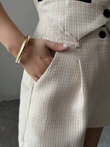 Elenzga Bộ đồ hai mảnh áo không tay và quần short đơn giản màu trơn cho nữ, bộ đồ hai mảnh không tay không tay dáng thường ngày nhiều màu có túi bất đối xứng - Nhiều màu - Xem 4