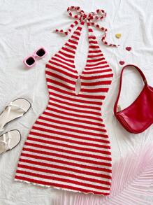 Soleia Nuevo vestido mini a rayas, estilo vacacional, sin espalda, color rojo - Rojo y blanco - Ver 4