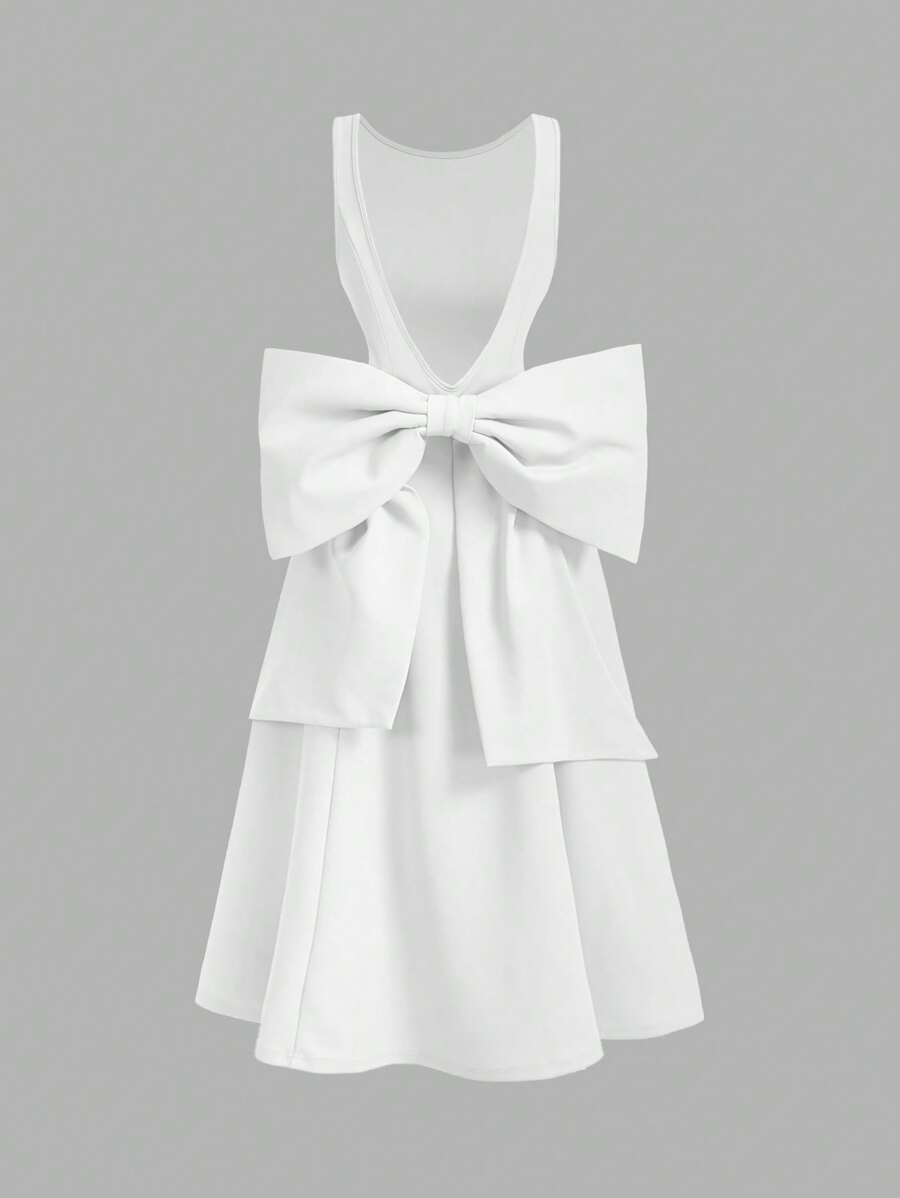 SHEIN MOD Women's Elegant White Midi Dress With Big Bow, Sleeveless Knitted Flared Hem Zipper Detail Round Neck Elegant Style - White - View 1