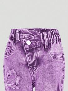 SHEIN Young Girl' Medium Wash Blue Flare Leg Distressed Jeans With Star Embroidery Patches - Purple - View 3