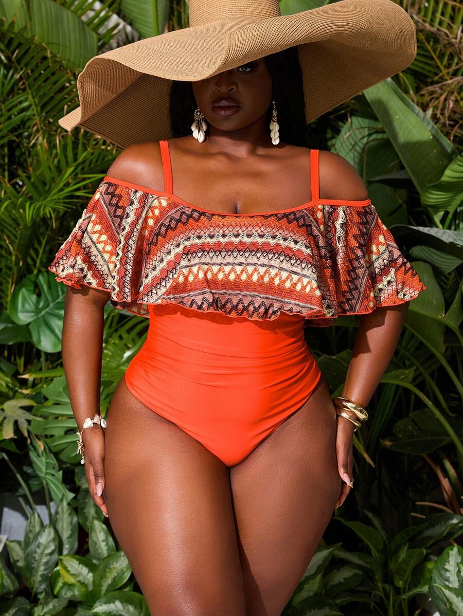 Slaydiva Plus Size One-Piece Swimsuit With Special Material Patchwork & Open Shoulder Straps, Vacation Style - Multicolor - View 1