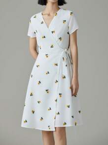 EMERY ROSE 女士花卉印花交叉 V 领短袖侧结中长连衣裙