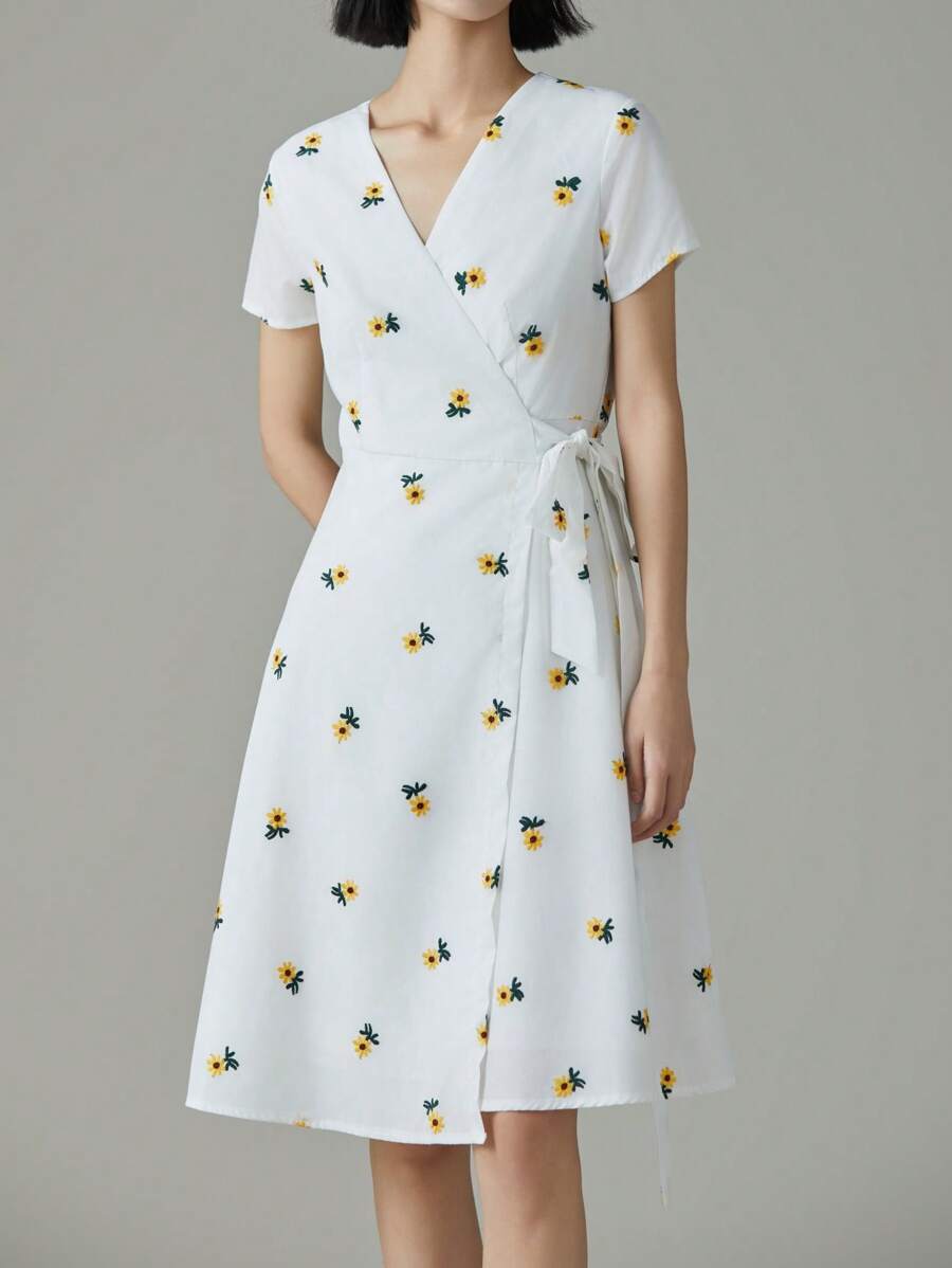 EMERY ROSE 女士花卉印花交叉 V 领短袖侧结中长连衣裙