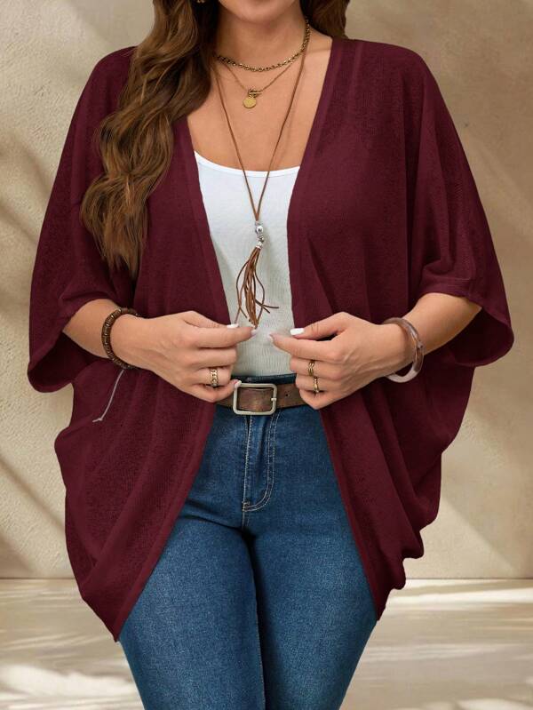 EMERY ROSE Plus Size Vacation Solid Color Asymmetric Hem Batwing Sleeve Casual Jacket,Spring/Summer Winter Fall Autumn