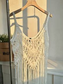 Comfortcana Robe pull oversize en crochet ajouré abricot, mode minimaliste, convient pour l'été - Nude - Voir 3