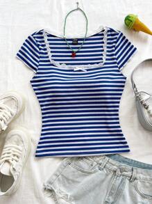 Soleia 全新蓝白条纹针织蝴蝶结装饰海滩波西米亚风音乐节夏季上衣 - 藍白色 - 查看 6