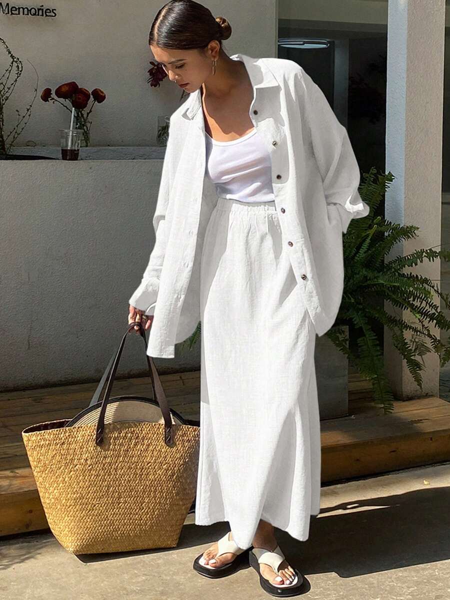 Livesso Western Style Beach Vacation Plain Linen Blend Loose Minimal 2pcs Set For Women, Suitable For Spring Lounge Sets For Women - White - View 1
