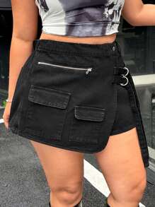 SHEIN EZwear Plus Size Women's Edgy Street Style Black Denim Skort - Black - View 6