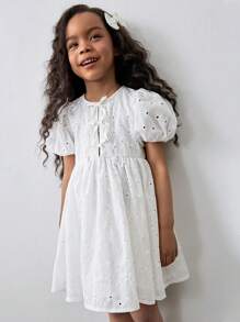 Maija Kids Maija Kids Vestido de niña joven de moda vintage, casual para el uso diario/conmutación/escuela/temporada de bodas, con cuello redondo, decoración de moño, mangas abullonadas exageradas, cintura ceñida, falda acampanada, tela textil bordada hueca