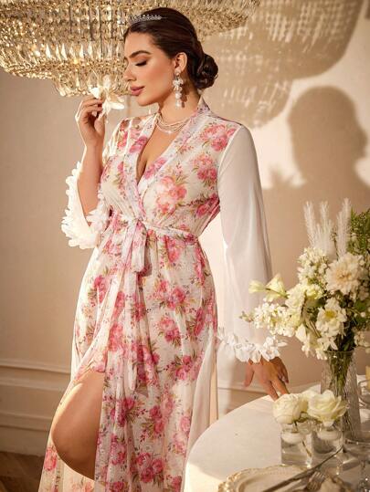 LuxeNights Plus Size Floral Print Color Block 3D Flower Decorated Mesh Long Sleeve Robe