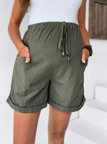 SHEIN Pregnant Women's Summer Casual Or Vacation Green Shorts With Pockets On Both Sides, Adjustable Elastic Waistband, - Army Green - View 3