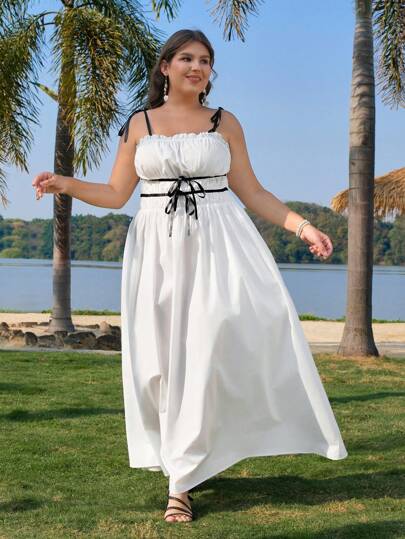 SHEIN MOD Plus Size Spring/Summer Vintage Cute Ruffle Bow Decor Strap Dress Mother Day Dress Dresses Graduation Babydoll Dress Summer Maxi Dress Mother Day Outfit 4th Of July Outfits