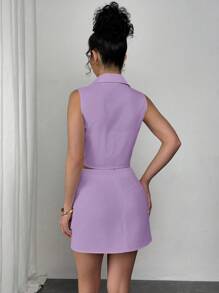 SHEIN Unity 2 piezas Conjunto de camisa sin mangas de unicolor abotonada y minifalda para mujer - Morado - Ver 2