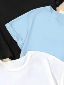 SHEIN Bộ đồ ba mảnh tay ngắn cho bé gái tuổi teen có in chữ đặc biệt NEW YORK Paris Regional City Culture Customs Áo phông in đặc biệt Design Sense Versatile Casual tay ngắn ba mảnh - Nhiều màu - Xem 3