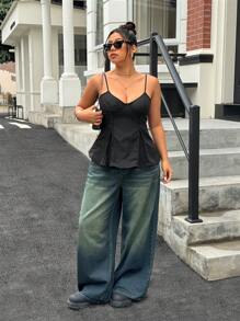 SHEIN ICON Distressed No-Stretch Decorative Rivet Baggy Jeans - Dark Wash - View 3