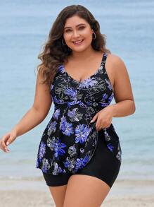 Swim Lushoire Vestido de baño informal con estampado floral y pantalones cortos para mujer de talla grande