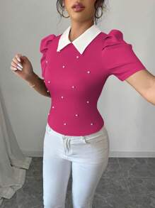 Selianne 优雅日常领口黑白拼布串珠修身女式 T 恤