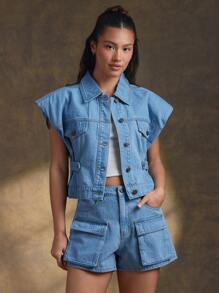 WESTFADE Collared Button Front Patch Pocket Western Utility Tapered Waist Cropped Denim Vest Spring Summer Vacation - Light Wash - View 5