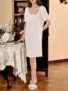 女士荷叶边领纹理针织睡袍娃娃装节日季 - 白色 - 查看 5