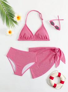 Tween Girl 3 件套泳衣套装，白色独特提花面料，时尚休闲优雅，适合游泳、度假、夏季