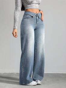 SHEIN Tall 女士牛仔裤 休闲直筒长裤 蓝色 女士宽松牛仔裤 女式高腰裤子 低腰宽松牛仔裤 - 淺色水洗藍 - 查看 6