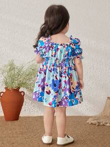 Blossori Baby Girls Colorful Flower Woven Loose Round Neck Dress, French Elegant Style For Spring/Summer - Multicolor - View 2