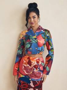 SHAQUITA GARCIA Blazer corto con stampa a frutta, maniche lunghe, bottoni, stile business casual, adatto per primavera/estate, da ufficio