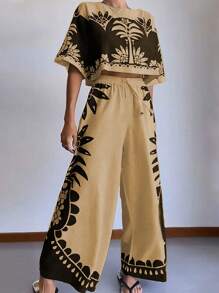 Rafferiza 女士休闲两件套，花卉印花短款上衣和阔腿裤，春夏假日风格 - 棕色 - 查看 7